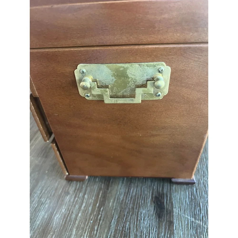 Vintage Burl Wood Jewelry Box Chest Brass Hardware 2 Drawers Necklace Hooks 10in